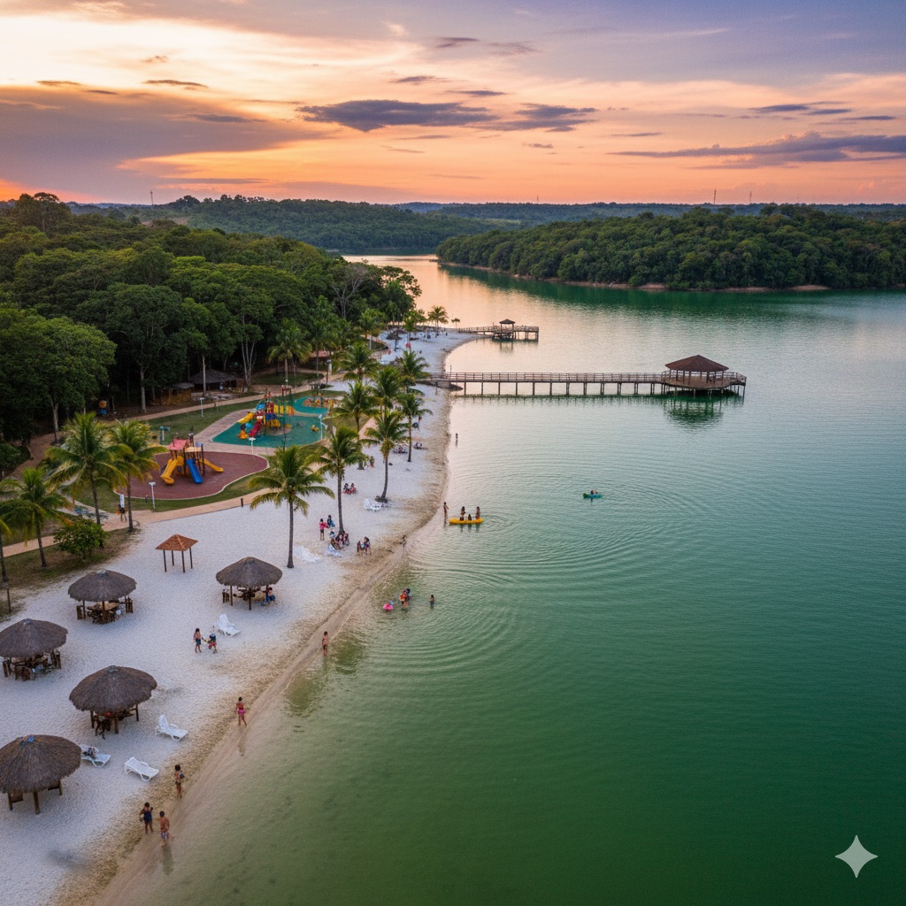Vista aérea do parque da praia em Santa Fé do Sul