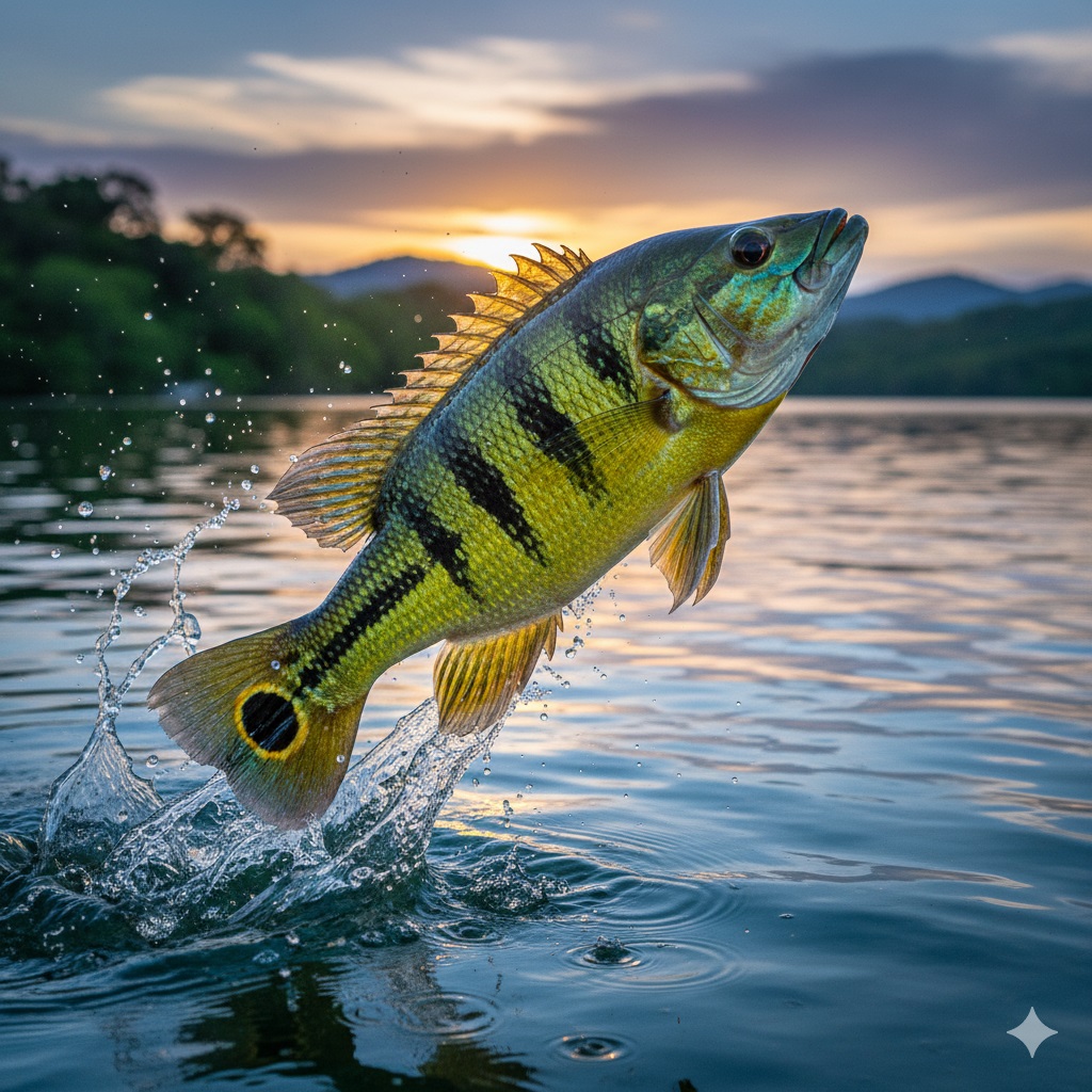 Um tucunaré vibrante saltando da água